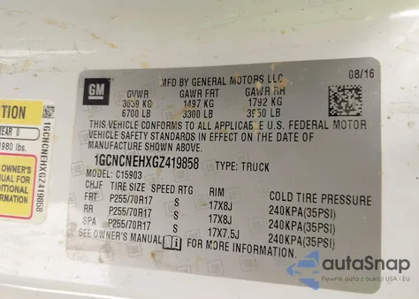 2016 Chevrolet Silverado 1500 Wt z USA, uszkodzony, nr VIN 1GCNCNEHXGZ419858